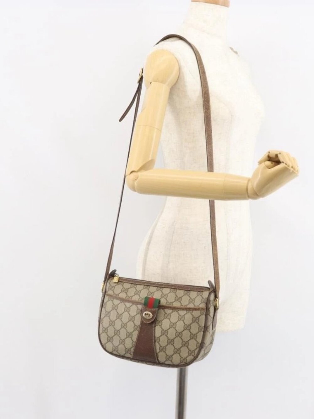 GUCCI GG Supreme Web Sherry Line Bag PVC Beige Gold 89 02 032 Auth 161109